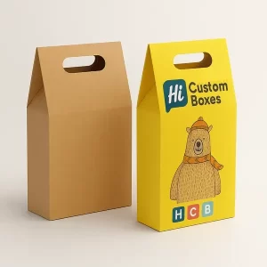 Gable style cereal boxes with cutout handles one plain and one printed with HCB branding