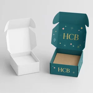 Small white and printed mailer-style boxes- open- featuring star graphics and custom branding