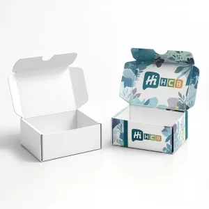 Custom square mailer boxes- one plain white- one decorated with a blue and purple floral pattern