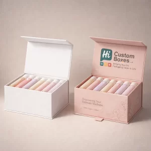 Two luxury magnetic-closure boxes, one white and one pink, showcasing neatly arranged organic cotton tampons.