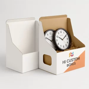 Custom wall clock display boxes for retail shelves and branded product presentation