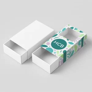 White and assembled die-cut sliding drawer soap boxes with modern- abstract outer printing