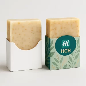 Two single soap bars in holster boxes- one white and one custom-printed with leaves