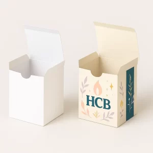 Two cube-shaped tuck top packaging boxes- one plain white and the other decorated with pink- teal- and cream accents- The designed box displays -HCB- with a large flame icon and leafy illustrations