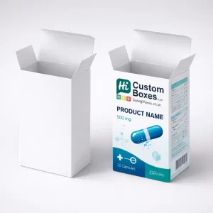 Two upright medicine boxes with open flaps, one plain white and one branded teal.