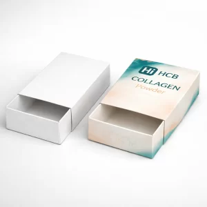 Two cardboard slide-out drawer boxes, showing one plain white and one with teal and peach branding.