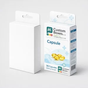 A plain white cardboard box next to a branded blue and white medical capsule box.
