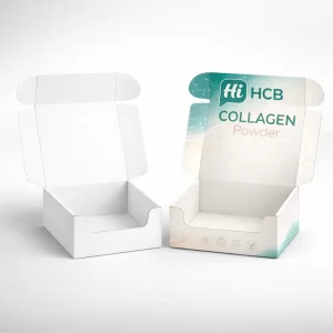 Two open mailer-style boxes with front tuck flaps, one plain white and one with brand artwork.