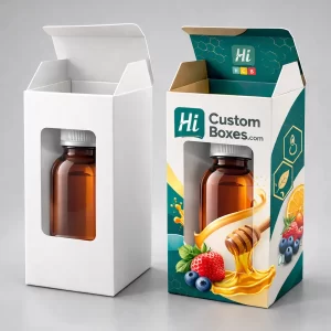 Two cardboard boxes with rectangular windows showing syrup bottles inside, one plain white and one fully branded.