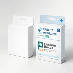 A plain white hanging medicine box next to a branded blue and white tablet box.