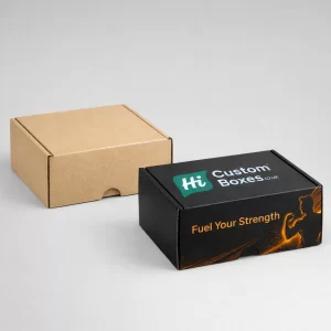 Two white sliding drawer boxes, one plain and one with blue medical-style product labelling.