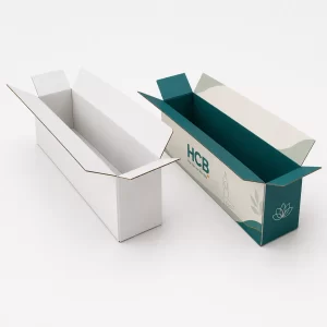 Tall rectangular RSC style cardboard boxes with custom teal yoga graphics and white matte finish.