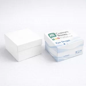Two tall vertical medicine boxes, one plain white and one with blue accents and product details.