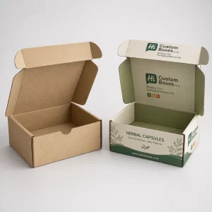 Two square mailer boxes, one plain brown and one white with green botanical-themed interior printing.