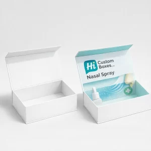 Two white rectangular gift-style boxes with flip lids, one plain and one with medical branding.