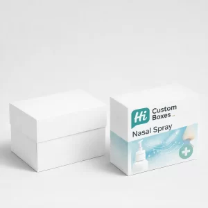 Two sturdy white two-piece boxes with lids, including one featuring 'Hi Custom Boxes' nasal spray branding.
