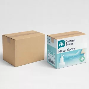 Plain brown cardboard shipping box next to a branded blue and white nasal spray carton.
