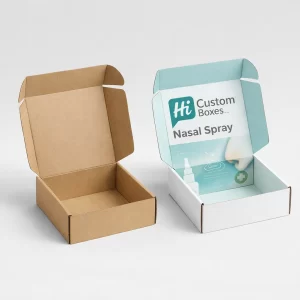 Two small cardboard mailer boxes, one plain brown and one custom printed with teal branding.