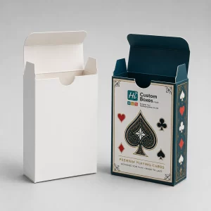 One plain white and one custom teal playing card tuck box with open tops.