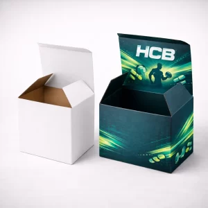 Two vertical medicine-style boxes, one blank white and one with HCB branding and teal wave patterns.