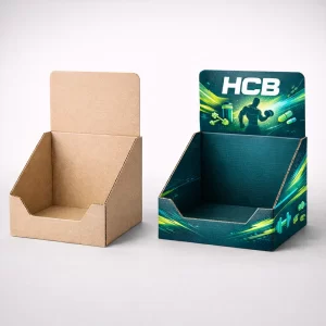 Cardboard counter display boxes for retail, featuring a dog illustration and HCB branding with colourful contents.
