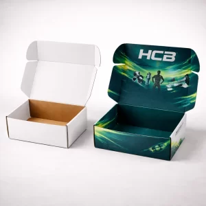 Two open corrugated mailer boxes, one plain white and one featuring vibrant orange and teal branding.