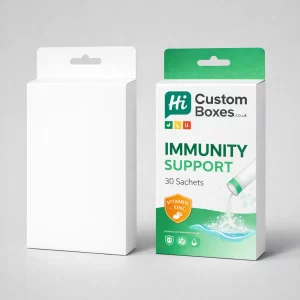 Retail hanging boxes for immunity support, shown in a minimalist white and a green branded design.
