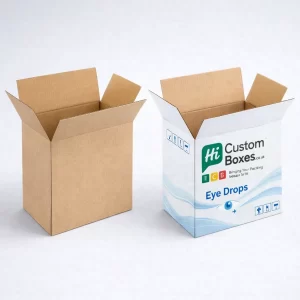 Two square lidded boxes, one solid white and one decorated with blue wave patterns and logos.