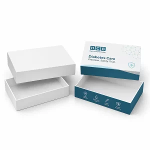Two cardboard mailing boxes, one plain white and one featuring blue medical insulin branding.