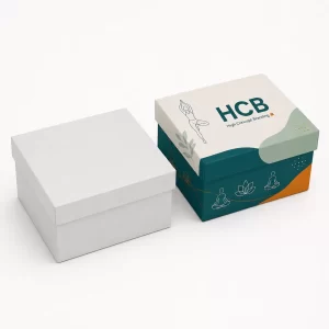 Two-piece custom lid and base rigid boxes for yoga mats with white and teal branding.