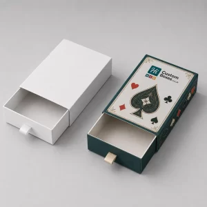 One plain white and one custom teal playing card drawer box with pull tabs.
