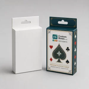 One plain white and one custom teal playing card tuck box with hang tabs.
