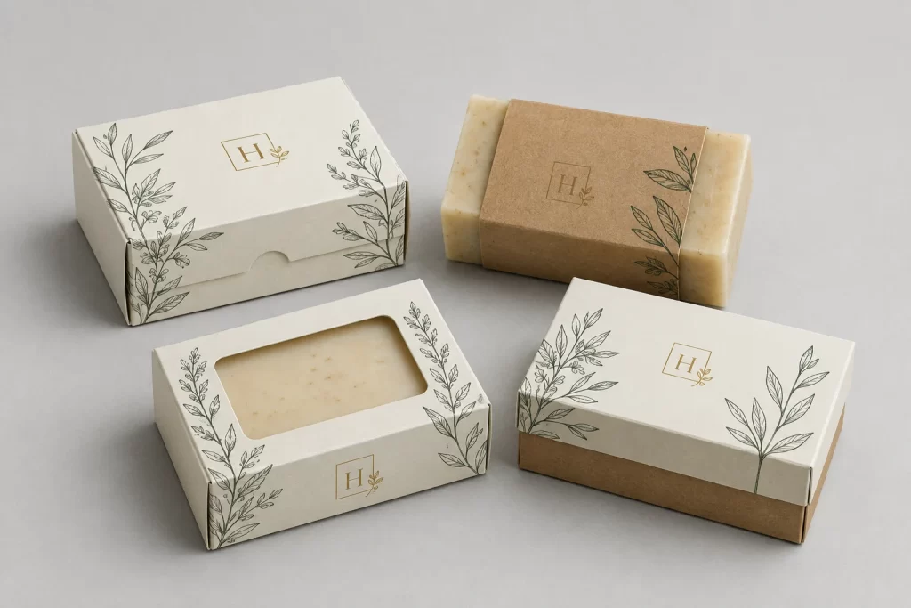 Eco Friendly Soap Packaging Boxes for exaple die cut window, sleeve, lid boxes and reverse tuck