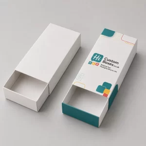Flat-lay arrangement of custom card packaging boxes showing die-cut windows and folded flaps