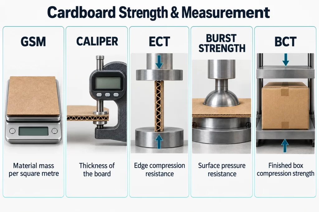 Cardboard testing infographic explaining GSM, caliper, edge crush, burst strength and finished box compression measurements