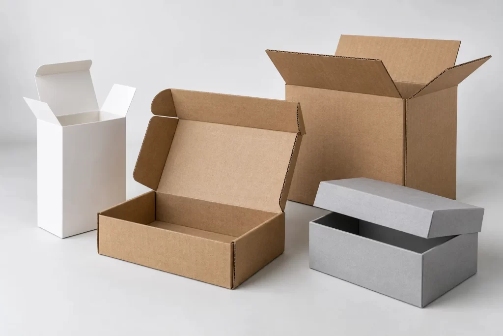 Paperboard carton, kraft mailer, corrugated shipping box and rigid presentation box showing different cardboard packaging materials.