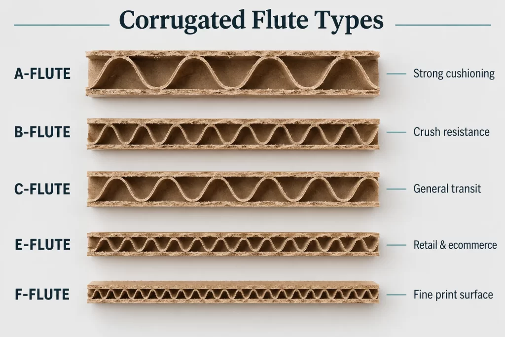 Comparison of A, B, C, E and F corrugated flute profiles, from large cushioning flutes to fine retail packaging flutes.
