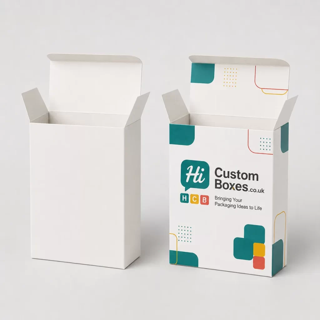 Custom printed card boxes with a gloss finish, arranged upright on a white studio surface