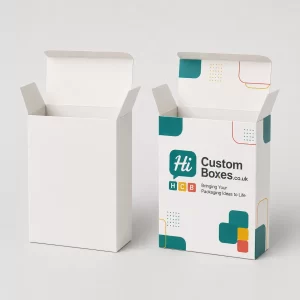 Custom printed card boxes with a gloss finish, arranged upright on a white studio surface